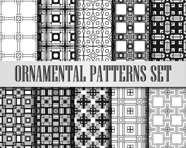 Art Deco desenleri kümesi. Siyah ve beyaz arka plan. Fan süsler ölçekler. Geometrik dekoratif dijital kağıtları. Vektör içini kaplamak çizmek. 1920-30'lu motif. Lüks vintage illüstrasyon