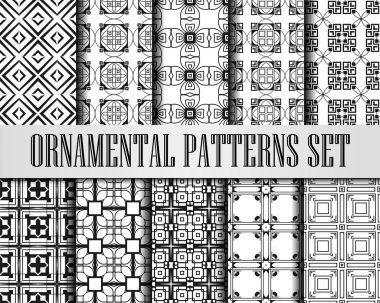 Art Deco desenleri kümesi. Siyah ve beyaz arka plan. Fan süsler ölçekler. Geometrik dekoratif dijital kağıtları. Vektör içini kaplamak çizmek. 1920-30'lu motif. Lüks vintage illüstrasyon