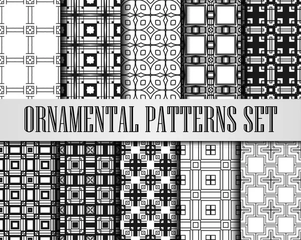 Ensemble de motifs Art déco. Arrière-plans noir et blanc. Ventilateur écailles ornements. Papiers numériques décoratifs géométriques. Conception de ligne vectorielle. Motifs 1920-1930. Illustration vintage de luxe — Image vectorielle