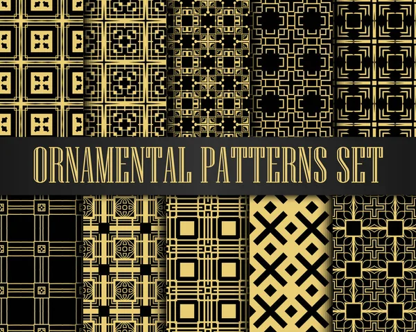 Ensemble de motifs Art déco. Arrière-plans dorés. Ventilateur écailles ornements. Papiers numériques décoratifs géométriques. Conception de ligne vectorielle. Motifs 1920-1930. Illustration vintage de luxe — Image vectorielle