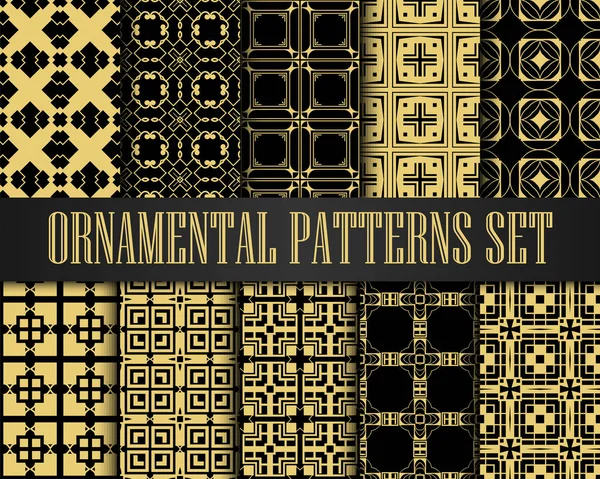 Conjunto de patrones Art Deco. Fondos dorados. Ventilador escamas ornamentos. Papeles digitales decorativos geométricos. Diseño de línea vectorial. 1920-30 's Motifs. Ilustración vintage de lujo — Vector de stock