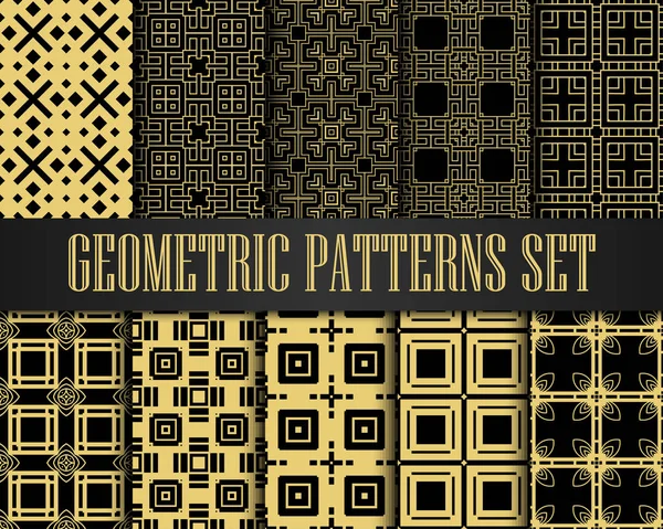 Art Deco Patterns Set. Golden backgrounds. Fan scales ornaments. Geometric decorative digital papers. Vector line design. 1920-30s motifs. Luxury vintage illustration — Stock Vector