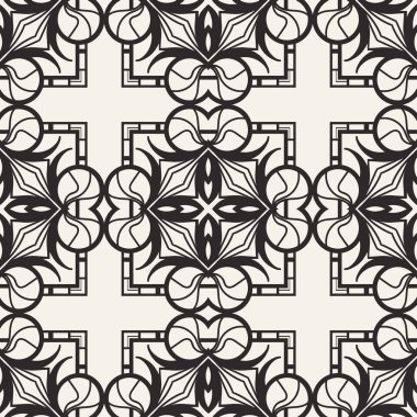 Dikişsiz geometrik desen. Siyah ve beyaz süs arka plan. Duvar kağıdı, ambalaj, afiş, davetiye, kartvizit, kumaş baskılar için sonsuz yinelenen süslü modern art deco doku