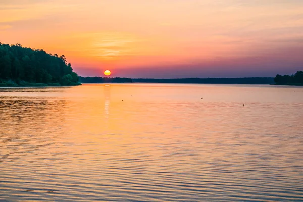 Slunce zapadne na letní rybník v zalesněné oblasti — Stock fotografie