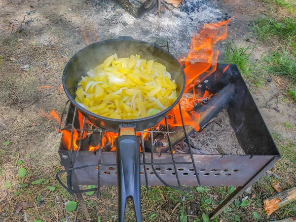 Φαγητό μαγειρεμένο στη φύση τηγανισμένες πατάτες σε ένα τηγάνι — Φωτογραφία Αρχείου