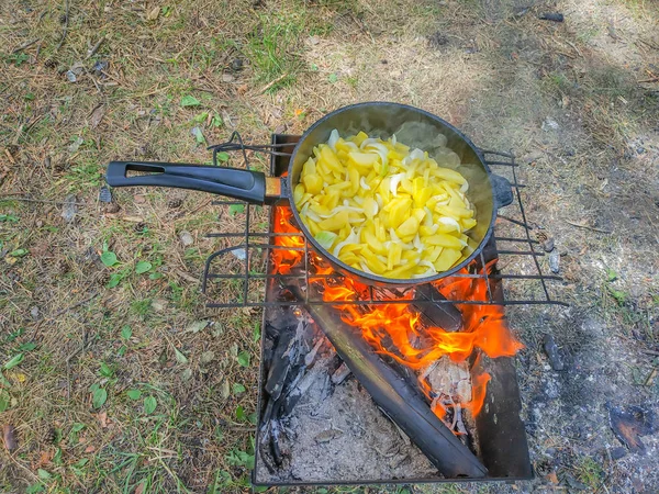 Φαγητό μαγειρεμένο στη φύση τηγανισμένες πατάτες σε ένα τηγάνι — Φωτογραφία Αρχείου