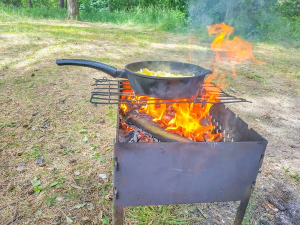 Mat tillagad i naturen stekt potatis i en stekpanna — Stockfoto