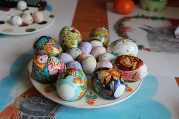 Multi Colored Art Craft Easter Egg Still Life Table Indoors — Stok fotoğraf