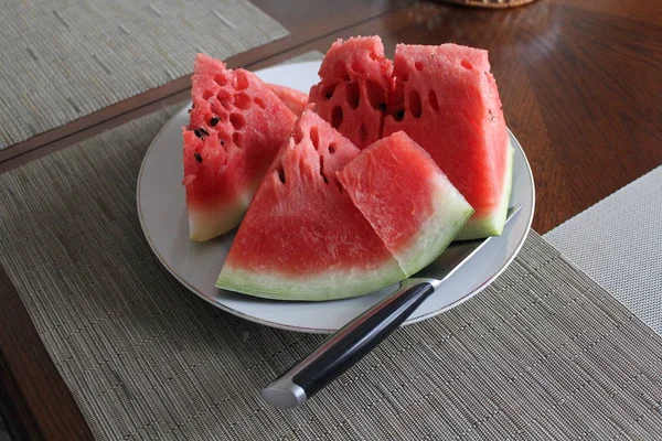 Tisch Essen Und Trinken Gesunde Ernährung Frische Obstteller Wassermelone Stillleben — Stockfoto
