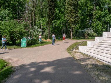 Yeşil ağaç ve çiçekli çalı yaz parkta yürüyüş insanlar