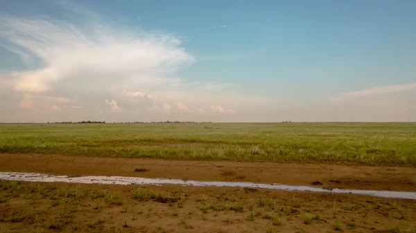 Cielo Azul Con Claras Nubes Traslúcidas Blancas Sobre Campo Verde —  Fotos de Stock