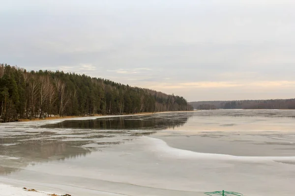 Widok Jezioro Zima Brzegu Lodu Brzegu Niskich Wzgórz Porośnięte Lasem — Zdjęcie stockowe