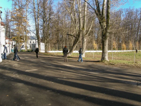 Люди Прогуливаются Весеннему Парку Зеленой Травой Голыми Деревьями Голубым Небом — стоковое фото