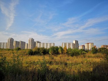 Uzun boylu sarı çim ile yetiştirilen alanın diğer ucunda ayakta renkli çok katlı evler ile şehrin uyku alanının görünümü
