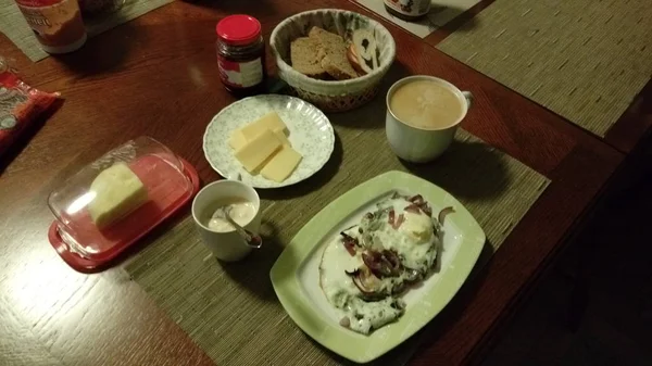 Wooden Table Napkin Set Breakfast Yogurt Butter Cheese Bread Scrambled — Stock Photo, Image