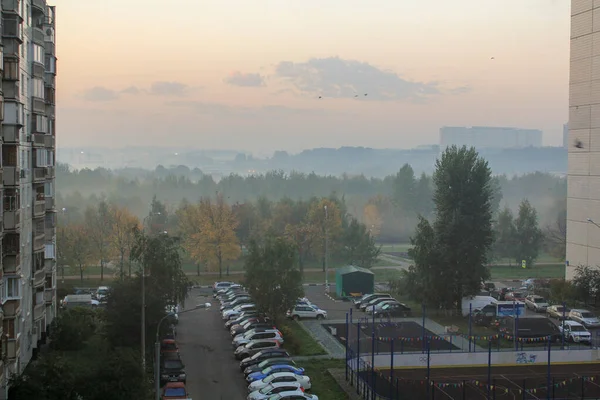 Utsikt Från Fönstret Flervåningshus Parkeringen Och Den Gula Skogen Dimman — Stockfoto