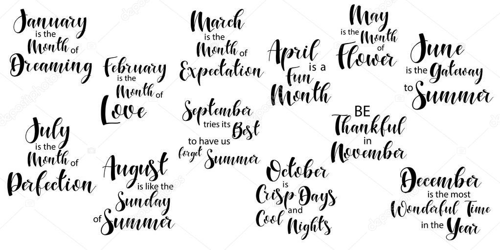 Lettering composition of every month of the year. Vector illustration. Elements for calendar, planner, greeting card, poster, banners. T-shirt, notebook and sticker design