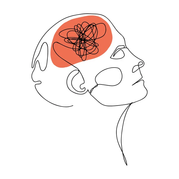 Линейное рисование головы человека с запутанными мыслями — стоковый вектор