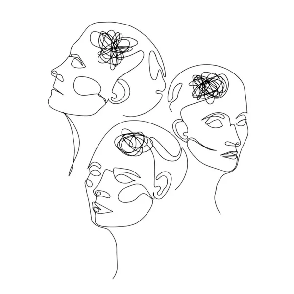 三个抑郁症患者头颅的线条划分 — 图库矢量图片