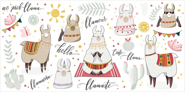 Şirin lama ve kaktüs yaz illüstrasyon seti.