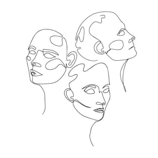 Непрерывный рисунок трех женских голов — стоковый вектор