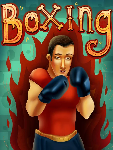 Funny cartoon style box illustration with boxing fighting man character with boxing lettering. Print card design