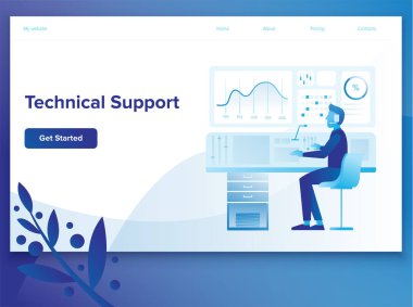 Teknik ofis destek iş ve veri analizi grafikleri ve analytics ile modern düz vektör illüstrasyon kavramı. İş ve iş akışı teknik yönetimi. Yaratıcı açılış sayfası tasarım şablonu