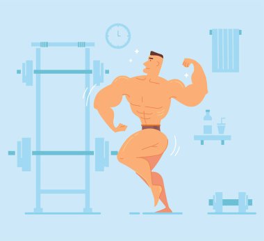 Komik vektör çizim ile vücut geliştirmeci fitness adam karakter spor salonunda spor egzersizleri yapıyor