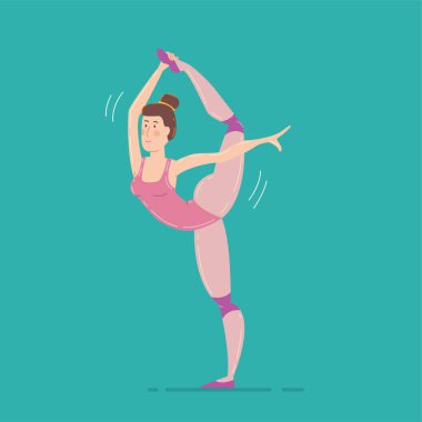 Renkli karikatür tarzı vektör çizim jimnastik spor ve eğitim streching yaparken gır