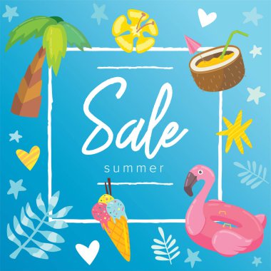 Yaz satış afiş tasarım konsepti. İndirim için sezon teklif promosyon. Flamingo havuzu yüzük, egzotik tropik palm, dondurma ve diğer öğeleri