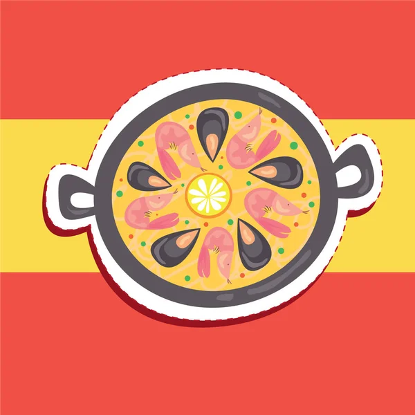 Cartoon Cute Spanish Paella Dish Rice Seafood Top View Sticker — Stock Vector