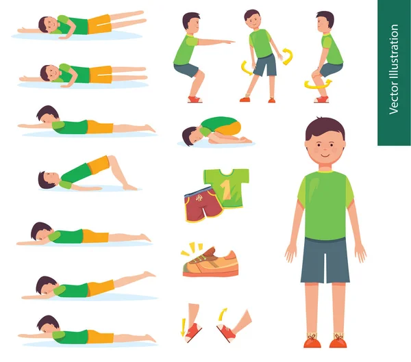 Set Van Vectorillustraties Jongen Sport Opwarmen Oefeningen Yoga Houding Training — Stockvector