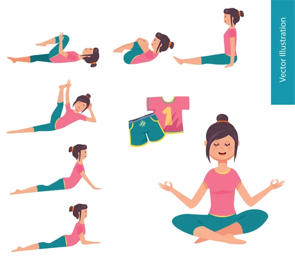 Set Van Vectorillustraties Meisje Doet Sport Warm Oefeningen Yoga Vormen — Stockvector