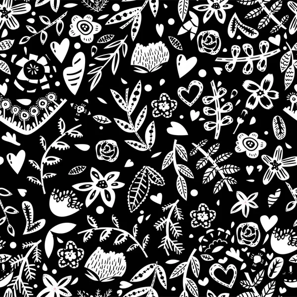 Vector Seamless Black White Folk Style Seamless Pattern Ornament Flowers — Stock Vector