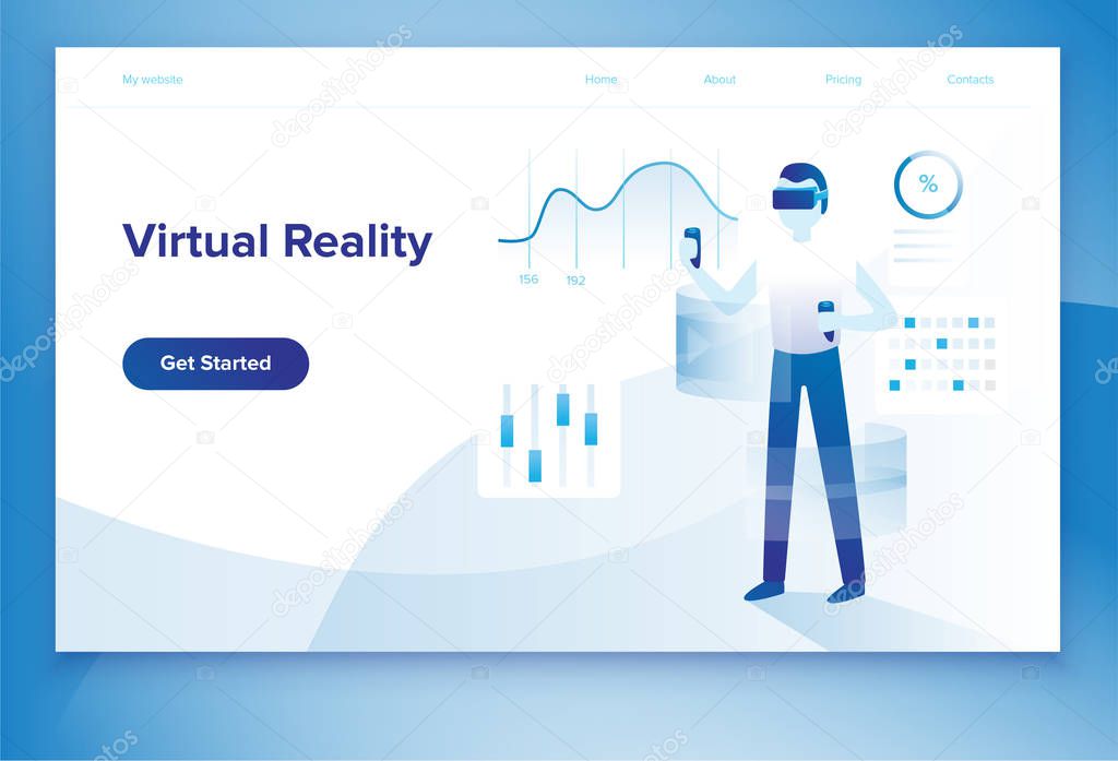 Modern flat vector illustration concept of virtual reality work and interacting with graphs and analytics. Business and workflow technical management. Creative landing page design template about vr.