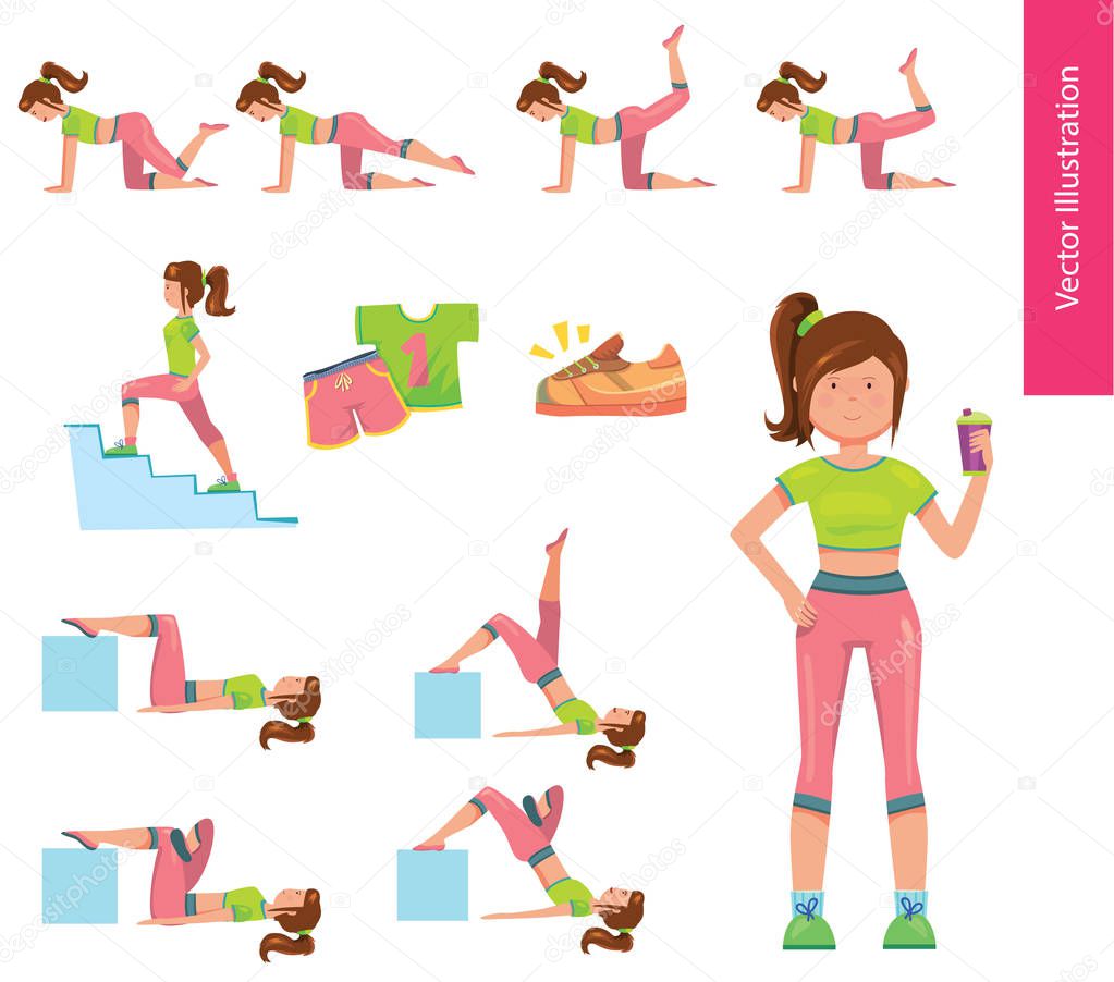 Set of vector illustrations. Girl doing sport warm up exercises, yoga pose and workout. Character poses set.