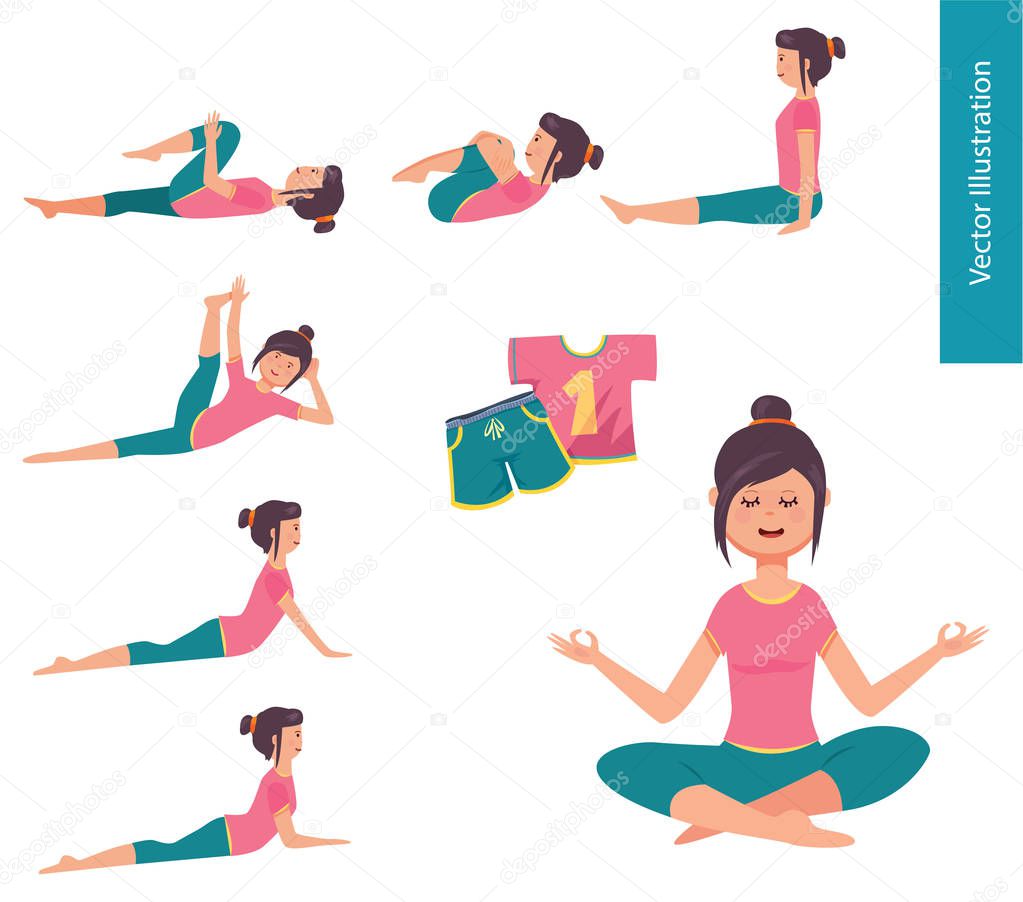 Set of vector illustrations. Girl doing sport warm up exercises, yoga pose and relax meditation. Character poses set.