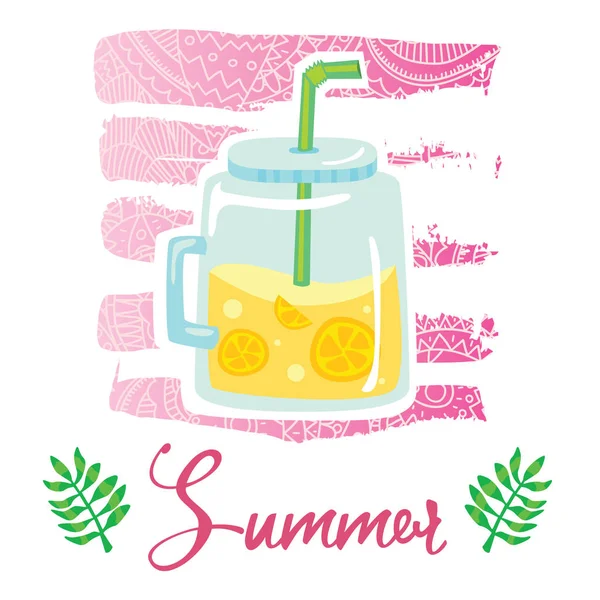 矢量卡通风格传单 T恤打印卡设计与时髦的夏日美味柠檬水在梅森瓶鸡尾酒优雅的粉红色花边渐变笔触 — 图库矢量图片