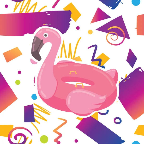 Trendiges Kartenmuster Mit Niedlichem Flamingo Schwimmring Auf Hipster Memphis Hintergrundmuster — Stockvektor