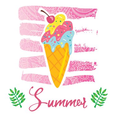 Vektör karikatür tarzı el ilanı t-shirt baskı kartı tasarım trendy yaz lezzetli dondurma zarif pembe dantel degrade vuruşları ile