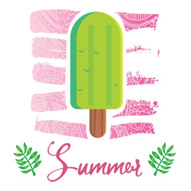 Vektör karikatür tarzı el ilanı t-shirt baskı kartı tasarım trendy ile lezzetli dondurma zarif pembe dantel degrade vuruşları yaz