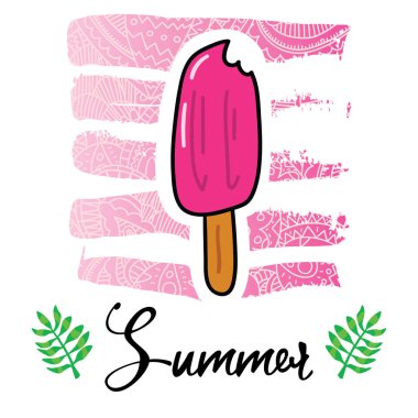 Vektör karikatür tarzı el ilanı t-shirt baskı kartı tasarım trendy ile lezzetli dondurma zarif pembe dantel degrade vuruşları yaz