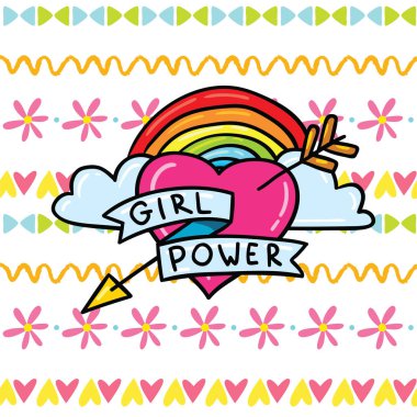 Cute girl power feminism symbol sticker design illustration with lgbt rainbow on hand drawn boho ornament. Print design for t-shirt, poster and card. clipart