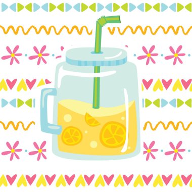 Sevimli çizgi çocuk lezzetli tatlı limonata suyu kavanoza şirin elle çizilmiş süsleme ile illüstrasyon vektör. Trendy Yaz içeceği