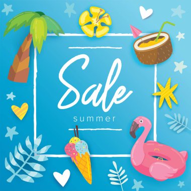 Satış banner tasarımı şık tropikal plaj öğeleri ile yaz. Vektör yazdırma kartı 