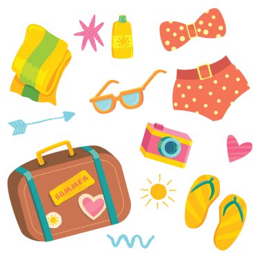 Vektör çizimler ile yaz plaj öğeleri kümesi: yüzme takımı, Güneş kremi, havlu, güneş gözlüğü, beyaz, kamera, bavul. Tatil tatil koleksiyonu.