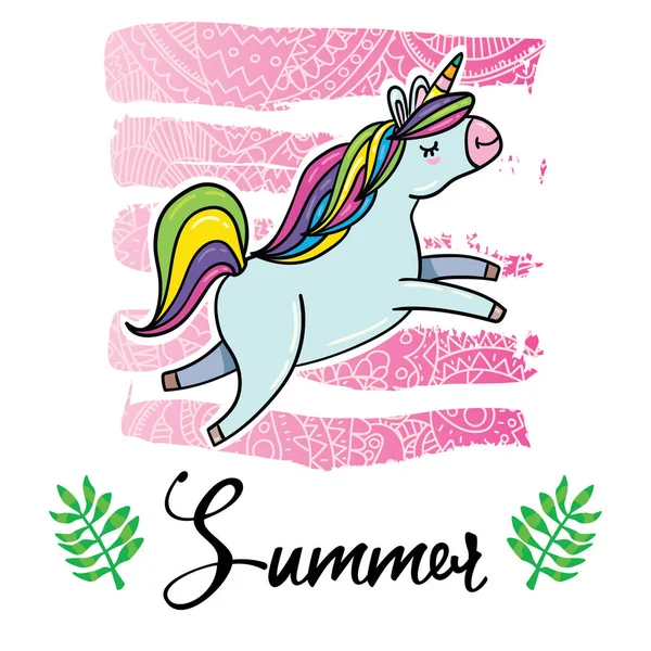 stock vector Vector cartoon style flyer t-shirt print card design with trendy summer magic unicorn on elegant pink lace gradient strokes