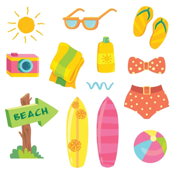 Set Vector Illustrations Summer Beach Surfing Elements Swimming Suit Sunscreen — Stock Vector