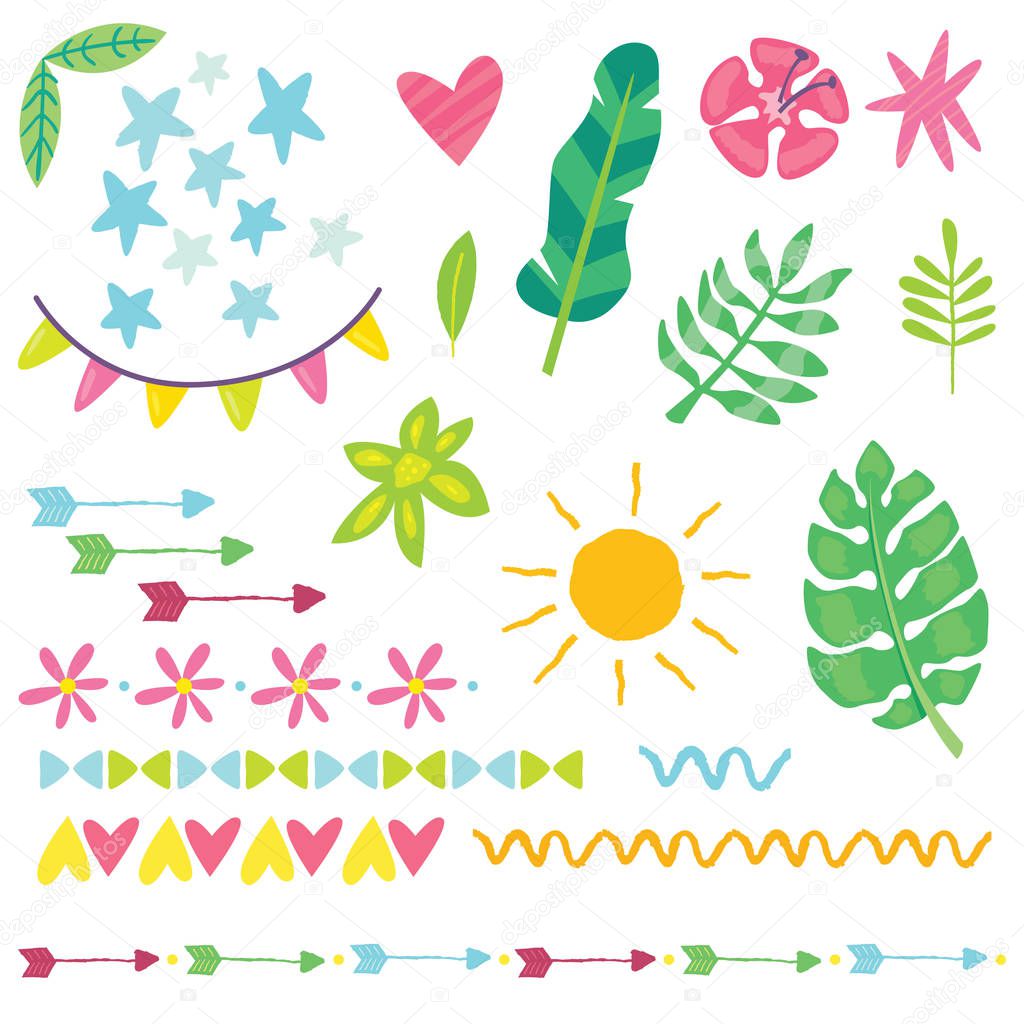 Set of summer decoration elements for your design. Stars, leaves,flowers, sun, arrows and other decorative illustrations. For design of products, apparel, kids toys, cards and party flyers, web design icons and brand logotypes
