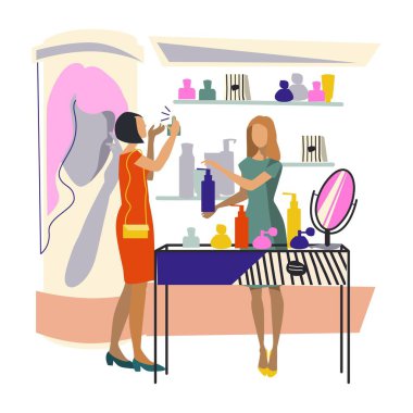 İnsanlar alışveriş. Parfümlü bir mağaza iç. Kadın parfüm kozmetik arka plan üzerinde bir masada bir örneği çalışır. Satıcı-danışman bir parfüm seçmek için yardımcı olur. Düz stil çizimde.